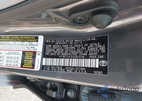 2012 Toyota Camry Xle z USA, uszkodzony, nr VIN 4T1BF1FK3CU061518